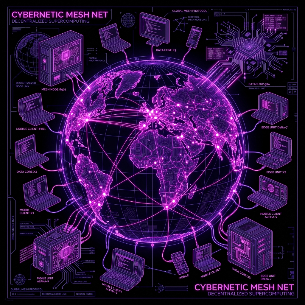 Cyberpunk illustration of a secure data-center mesh network hosting isolated micro-tenants