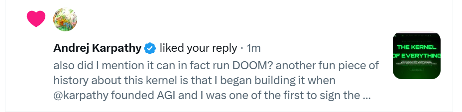 Andrej Karpathy liked Andrew Rulnick’s reply about the kernel running DOOM