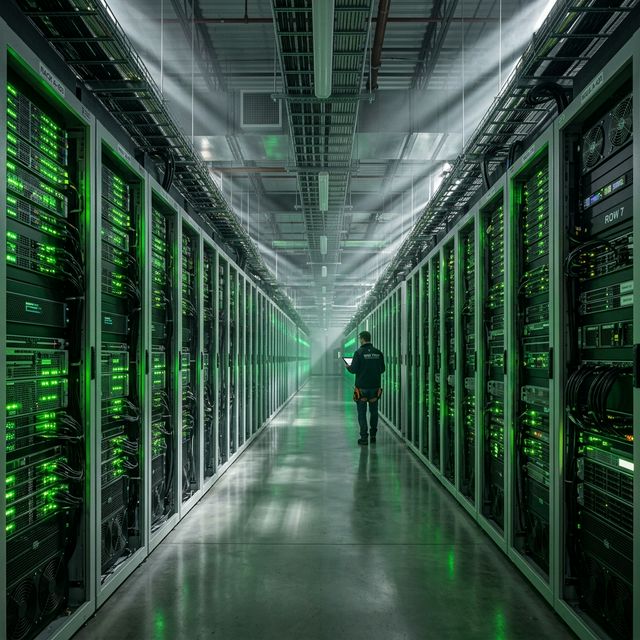 Massive enterprise data center corridor with custom scalable WordPress infrastructure.