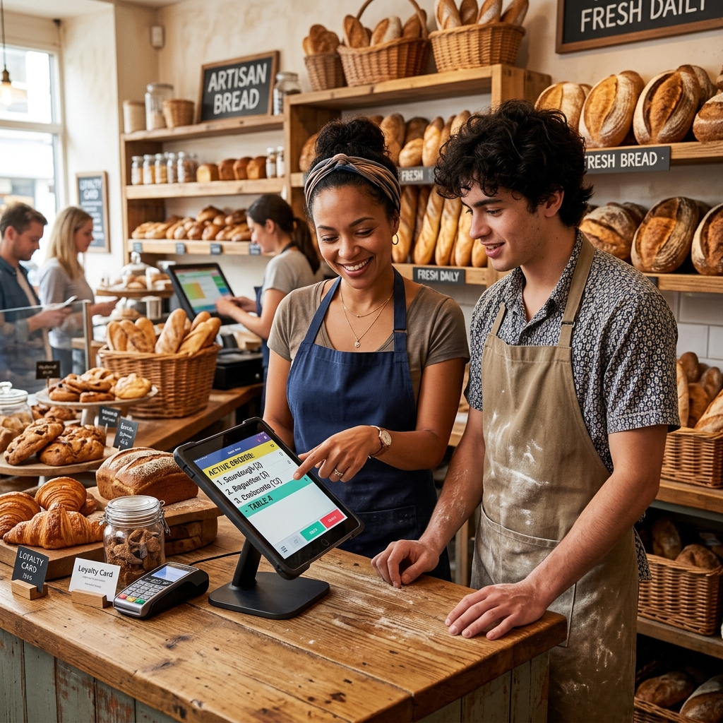 Local bakery team collaborating on digital system in modern store