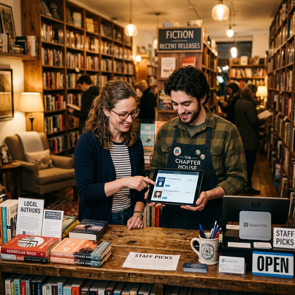 Indie bookstore owner guiding a customer using dynamic tablet catalogue